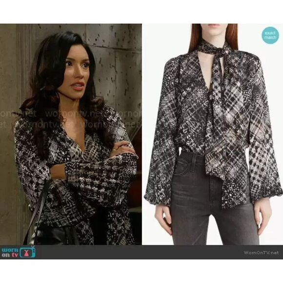 New Ramy Brook Aliyah V Neck Blouse in Houndstooth Burnout Size Large - Picture 4 of 6